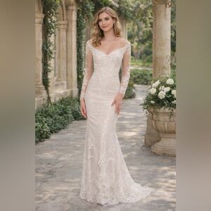 Dave & Johnny 10452 Ivory Lace Wedding Gown Size 8 Off Shoulder Bridal Dress